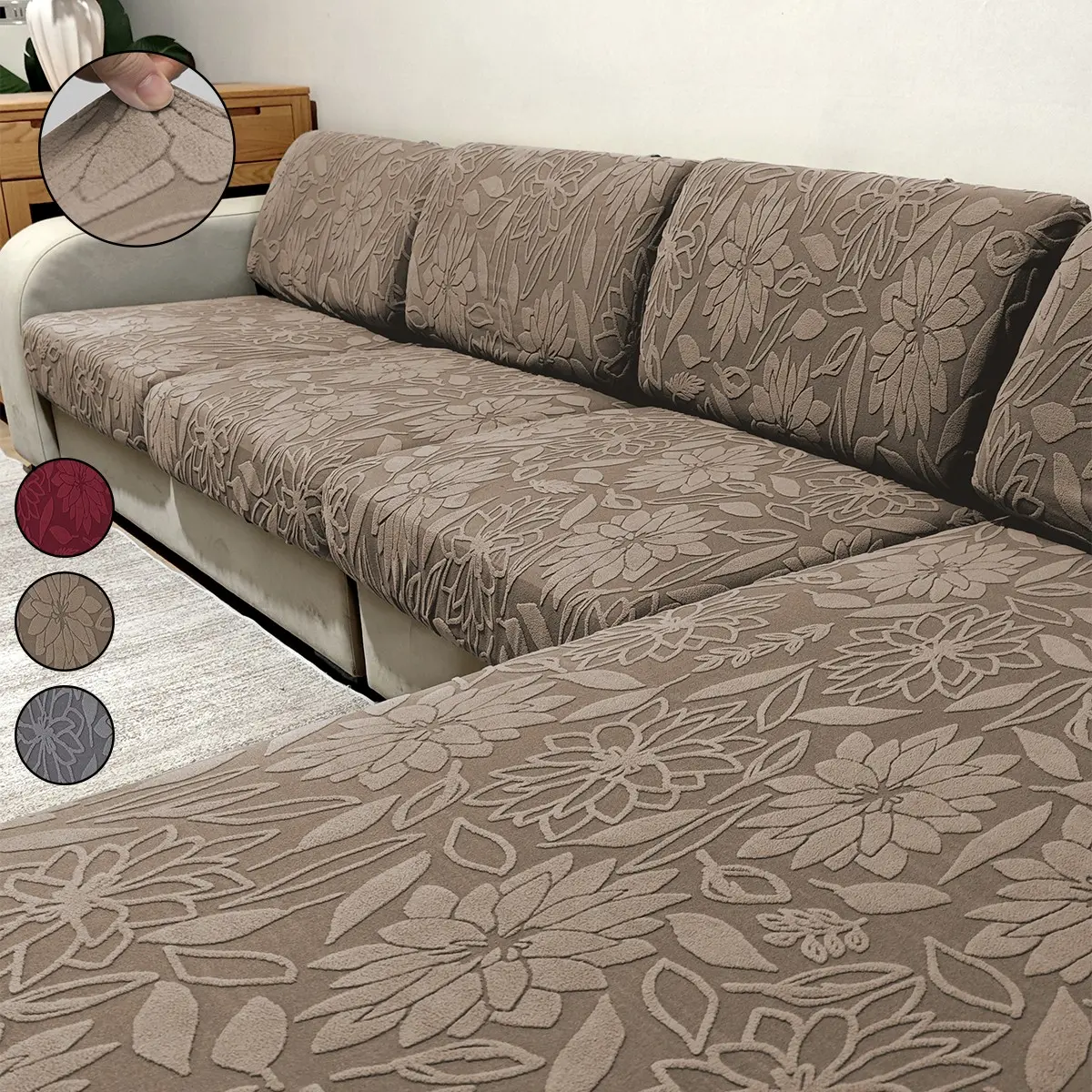 1 Piece Floral Jacquard Sofa Cushion Cover, Durable Elastic, All-Weather Protection, Non-Slip, Modern Style, Easy to Remove and Wash, Jacquard Slipcover