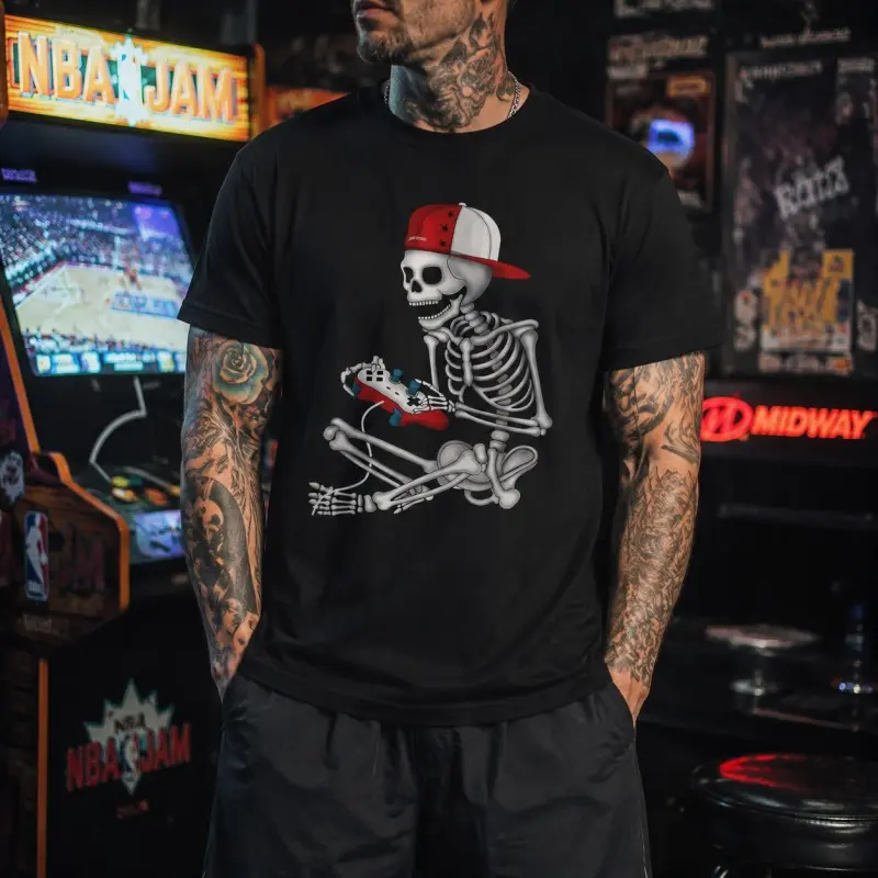 Men Cool Gamer Skeleton With Cap Game Controller Front Print T Shirt Retro Gaming Graphic Cotton Short Sleeve Tee For Men Back To School September Halloween Gift For Men Birthday Gift