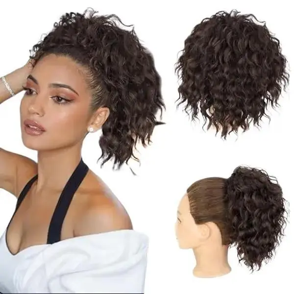 AISI HAIR Women's Deep Wave Curly Drawstring Ponytail Extension, 8-30 Inch Heat Resistant Synthetic Hairpiece for Casual Events and Ponytail Hairstyles, Wavy Synthetic Hairpieces, Ombre Hair, Daily Wear, Loose Curly, Curly Wave