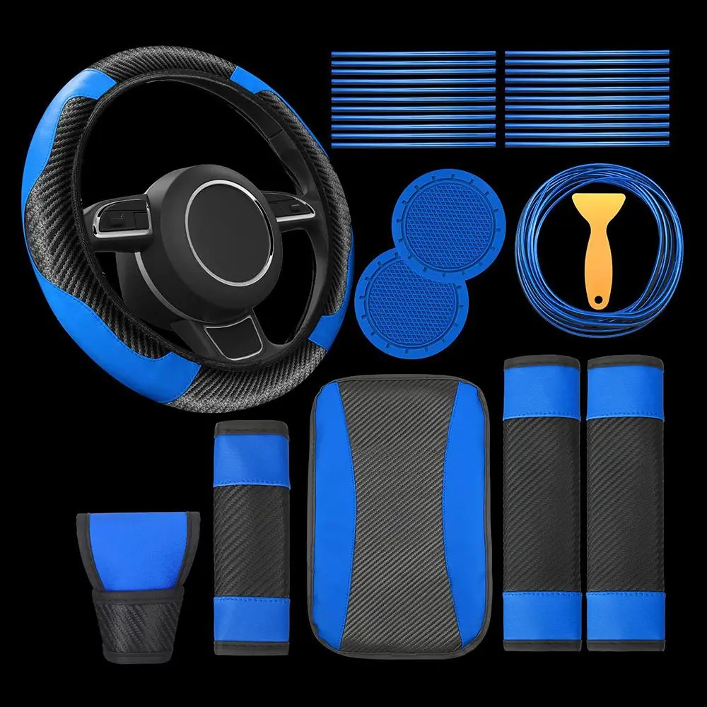 Car Interior Decoration Kit, Car Steering Wheel Cover & Seat Belt Shoulder Strap & Air Outlet Trim Strip, Universal Car Interior Decoration Accessories