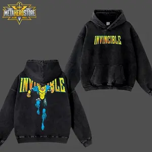 MetaHero Invincible Mark Grayson Superhero T-Shirt Hoodie #2 , Yellow Blue Comic Warrior Edition Double Printed Oversize Acid Washed Cotton Graphic Top, TV Series Streetwear Apparel, Classic Soft Relaxed Fit Fan Gift