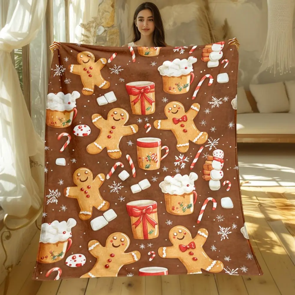 1pc Christmas Gingerbread Throw Blanket, Decorative Blanket - Lightweight Flannel-like All-Season Blanket with Gingerbread Men, Candy Canes, Gifts - Brown/Red/White Holiday Decor for Couch, Bed, Travel, Camping - Christmas Gift Idea Soft Cozy Blanket