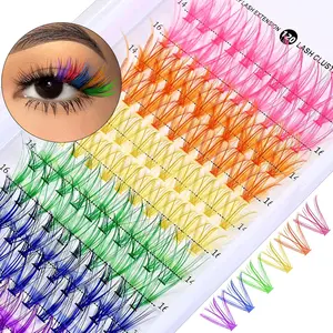Fairy Colored Lash Extensions Clusters, False Eyelashes, Individuals Eyelash Clusters Diy Colored Eyelash Kit 6 Colors Rainbow Individual Eye Lashes 14/16mm D Curl Blue, Purple（120pcs)（No Glue）