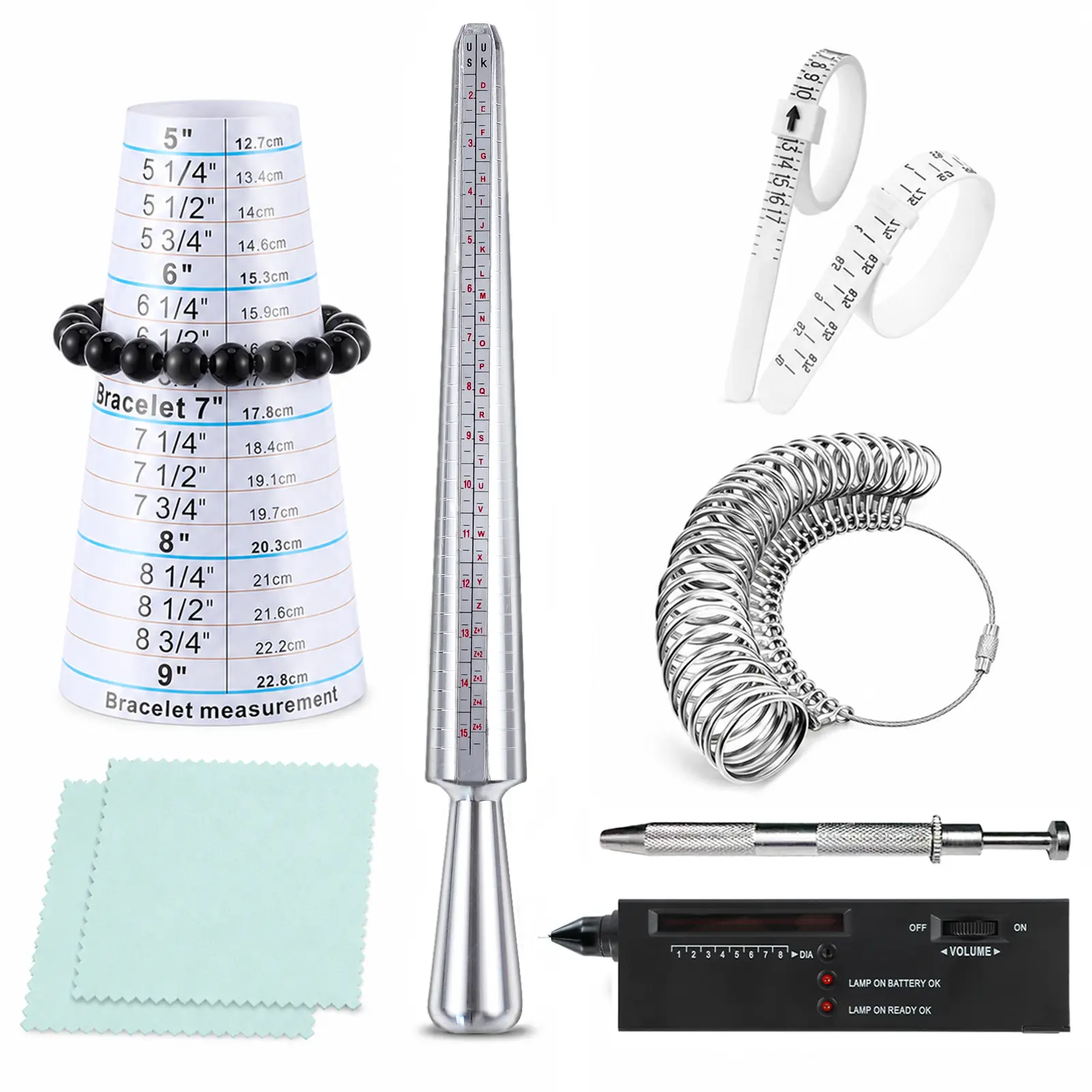 Comprehensive Jewelry Care & Measurement Tool Kit - Alloy Ring Sizer Mandrel, Bracelet Measuring Tool, Ring Gauges, Diamond Tester, Polishing Cloths for DIY Beading Projects (Ensuring the Right Fit)