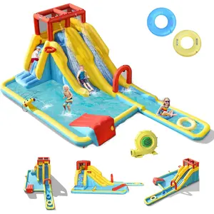 【On Sale】Costzon Inflatable Water Slide, Dual Surfing Slides Kids Water Park Jump Bouncy Castle w/2 Swimming Rings, Blower, Large Splash Pool, costst, fathersdaygift