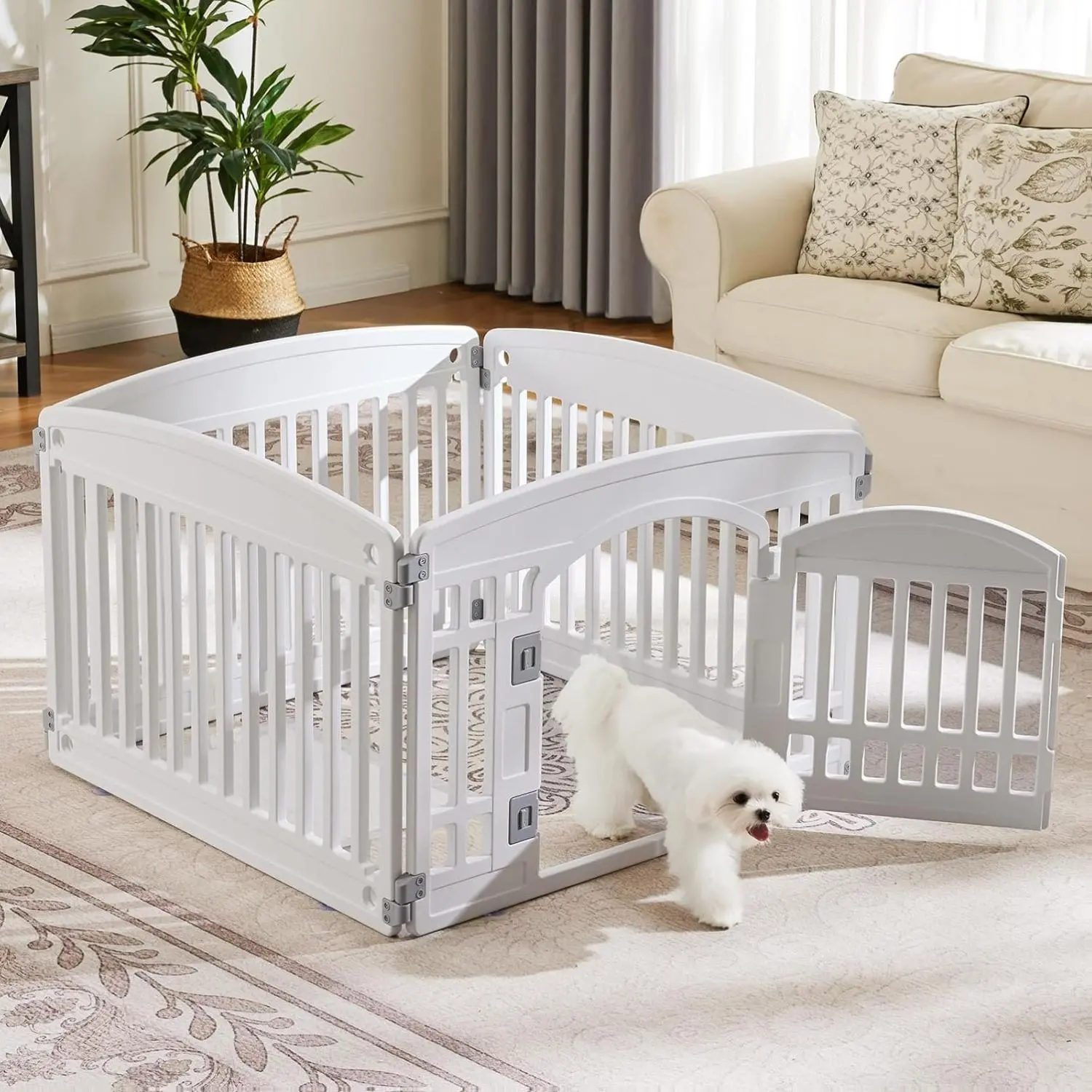 24" Tall Expandable Plastic Dog Playpen Enclosure - 4/6 Expandable Panels, Rounded Corner Safe, Locking Door, Non-Slip Base, Durable & Easy-Clean, Secure Space for Small-Medium Dogs, Indoor & Outdoor Use, White, Small/Med