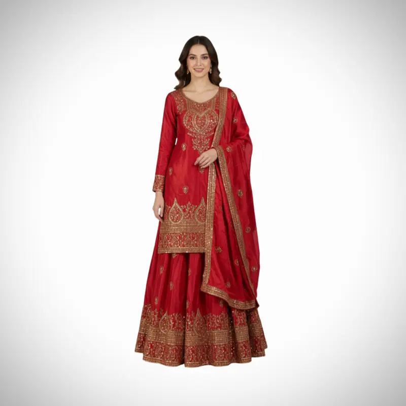 Lady's Kurta-Lehnga-Skirt Set with Golden Chinnon Silk Dupatta, Women's Party Wear Clothes, Costumes & Accessories, Sequins