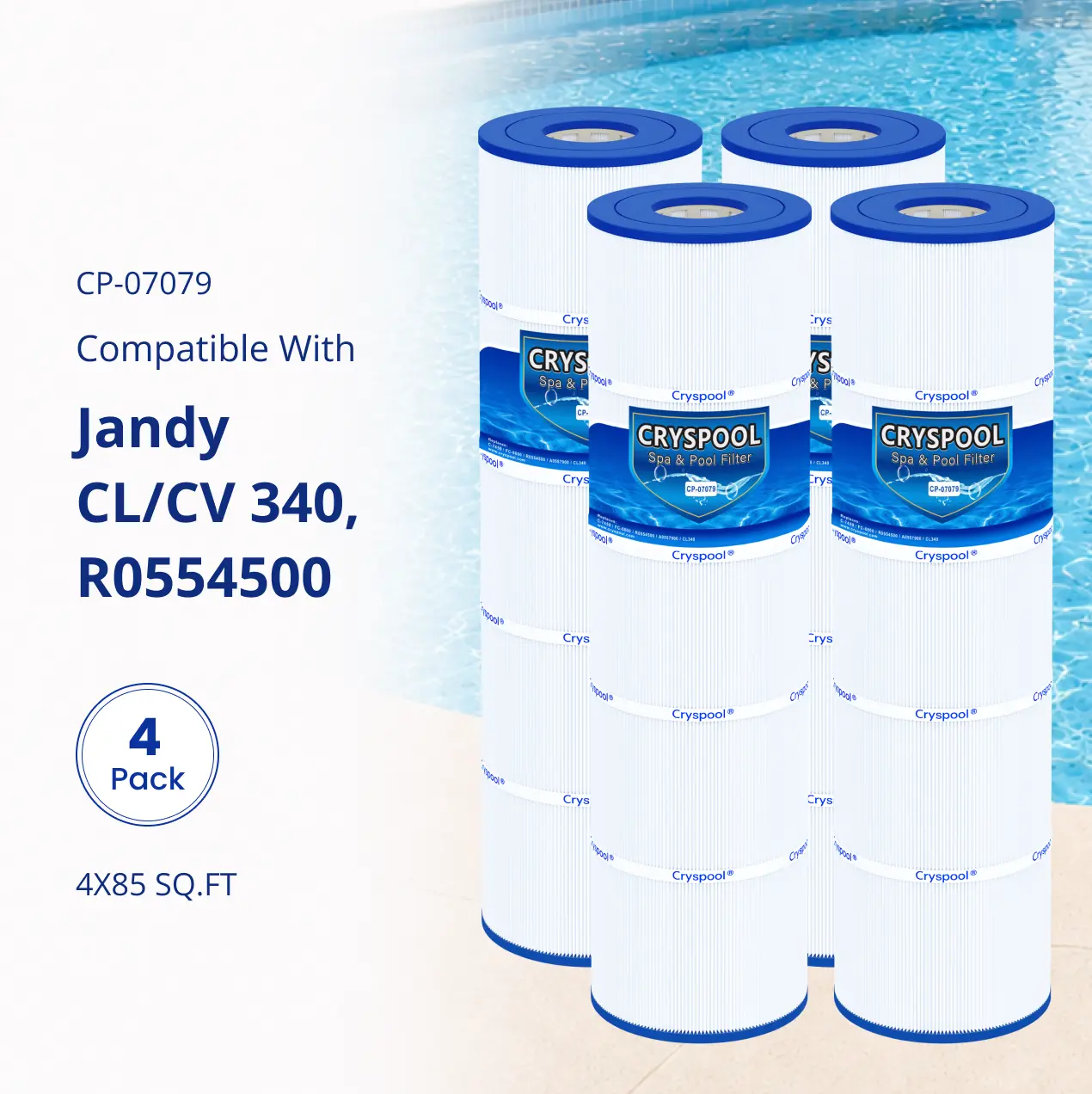 CL/CV340 Pool Filter Cartridges Compatible with Jandy CL340 & CV340 | Replaces R0554500, PJAN85, C-7459, FC-0800, A0557900, Cryspool 07079 Pool Filter Cartridge,  Polyester, Outdoor Swimming Pool Accessories, 4×85 Sq. Ft, 4 Pack