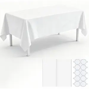 2 Pack Plastic Table Cloth, 54" × 108" White Disposable Tablecloth Rectangle Table Cover for Wedding, Picnic and Party [with Stickers]