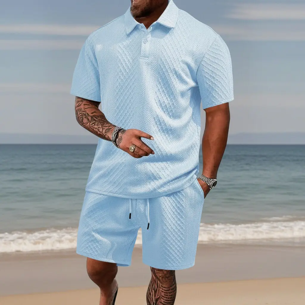 Men's Solid Polo Shirt & Drawstring Waist Shorts Set, Cozy Breathable Two-piece Outfits for Daily Outdoor Wear, Men Clothes for Summer