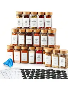 12 Pcs Glass Spice Jars Set - Dinnerware Sets with Airtight Sealing, Bamboo Lids, Shaker Lids, Silicone Funnel, and Label for Easy Refilling and Organization