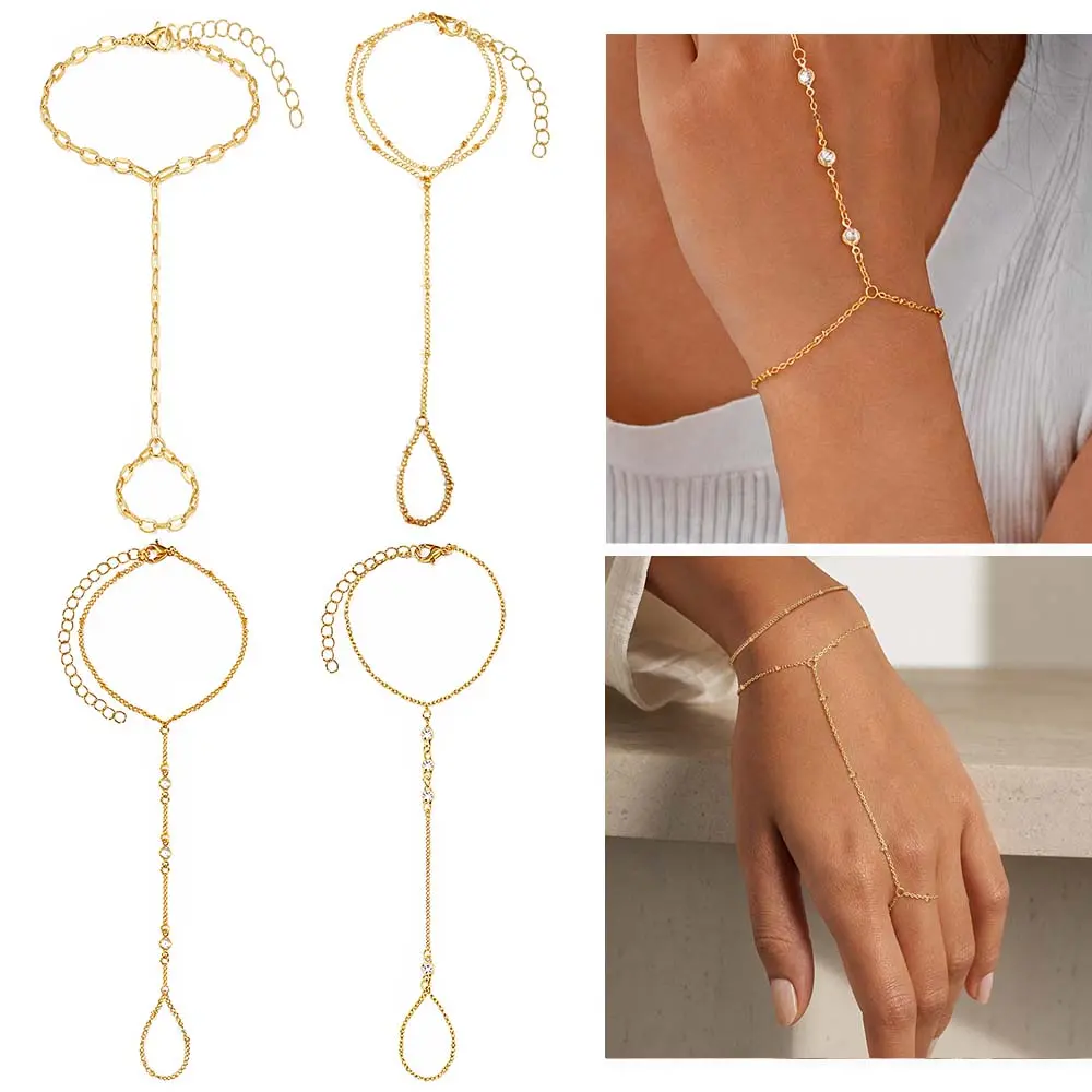 4Pcs Gold Plated Hand Chain Bracelets Set for Women, Dainty Clover Rhinestone Seed Bead Stackable Finger Bracelet, Adjustable Minimalist Interlocking Chain Jewelry, Ideal for Daily Wear, Banquet, Party & Birthday Gift