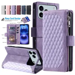 For iPhone 17 Pro Max,16 15 14 13 12 Leather Phone Case with Card Holder Kickstand & Wrist Strap Cover Magnetic Closure Flip Handbag Zipper Purse