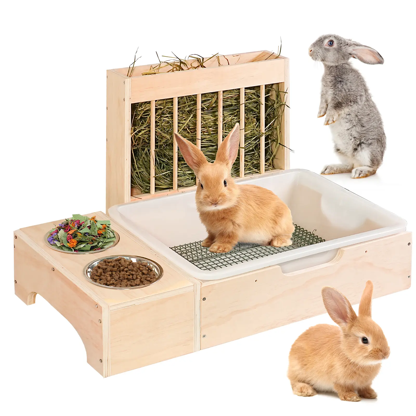 3-in-1 Extra Large Wooden Rabbit Hay Feeder, Detachable Grate, Litter Box & Toilet, Feeding Supplies for Large-Medium Rabbits, Feeding Aid with Waste Control