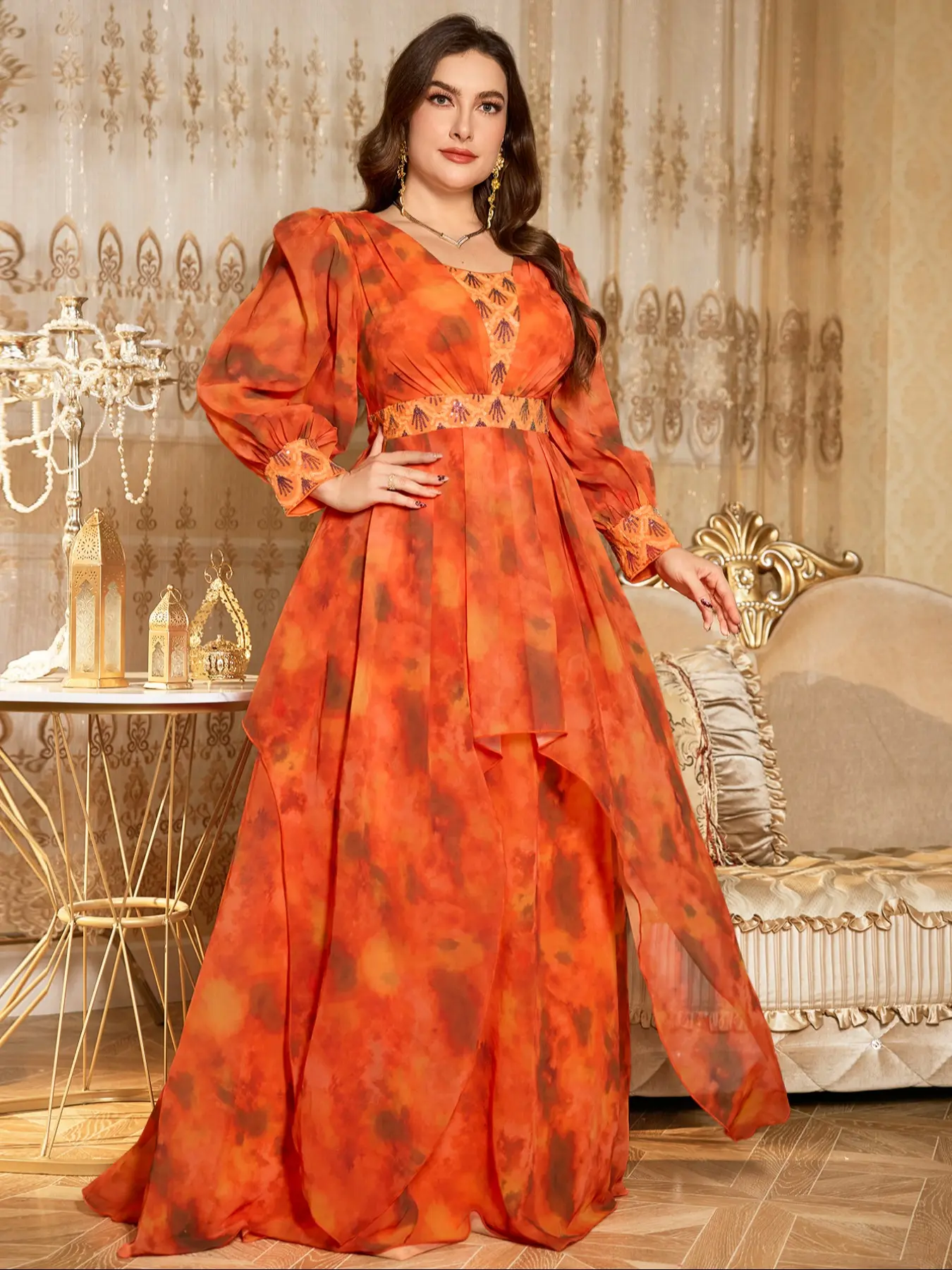 Elegant Square Neck Lantern Sleeve Long Sleeve Maxi Dress, Style, Luxurious Beaded Embroidery, Multicolor Chiffon Formal Evening Party Gown, Random Cut Design