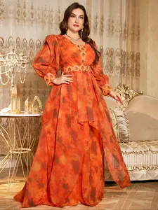 Elegant Square Neck Lantern Sleeve Dress, Luxurious Beaded Embroidery, Multicolor Chiffon Evening Party Gown, Random Cut Design