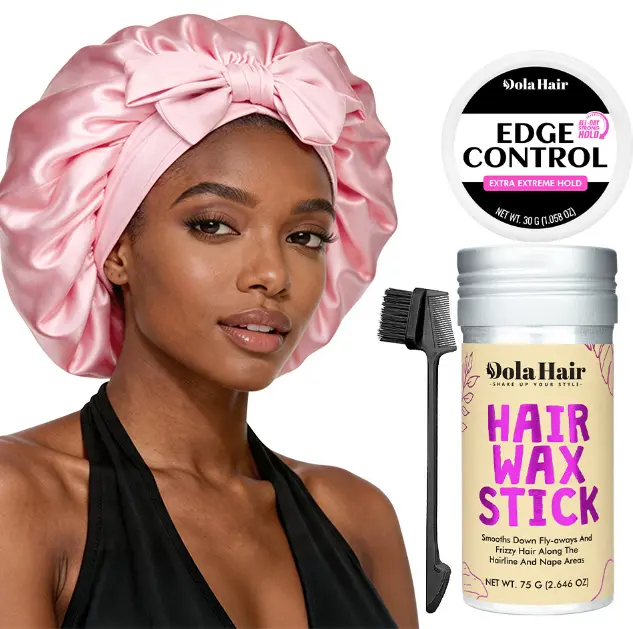 Dola Hair Satin Bonnet & Wax Stick & Edge Control Hair Styling Kit, Sleek Look Essentials for Women, Anti Frizz Hair Care Set for Edges, Flyaways & Smooth Hairstyles
