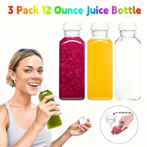 Home Supplies 3-Piece 12Oz Transparent Square Reusable Plastic Beverage Bottle Pack, Portable Handmade Fruit Juice Containers with Caps for Juicing, Smoothie Storage Jars