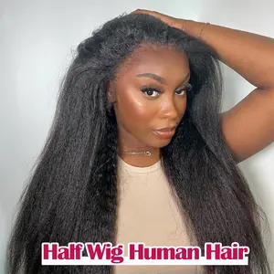 Bling Hair 3 In 1 Half Wig Human Hair With Drawstring Kinky Straight Half Wig Ready To Go Comfortable Fit No Glue Needed Natural Hairline