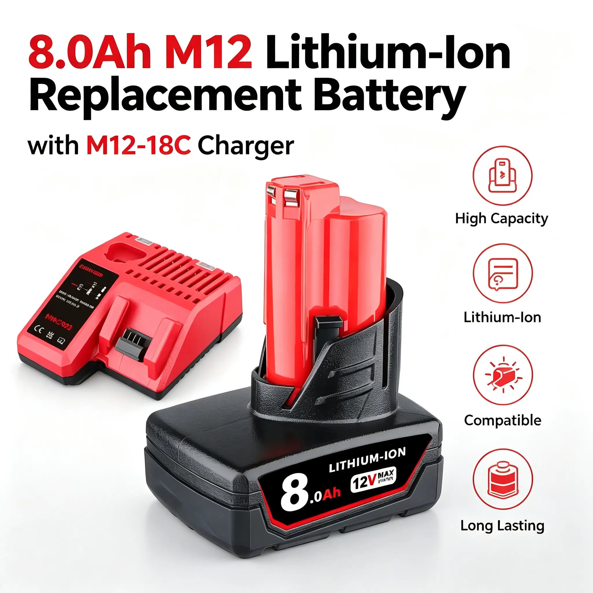1pc 8.0Ah M12 48-11-2402 Lithium-Ion Power Tool Replaceable Battery with M12-18C Charger, Compatible with 12V Milwaukee Cordless Tools, Power Tool Batteries, Replaceable Batteries