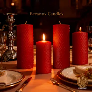 4-piece set of beeswax cylindrical candles, hand rolled honeycomb candles - New Year's Day and Valentine's Day, smoke-free with honey fragrance, suitable for church, home decoration, Home Decor Supplies, red candles, produced by KIKOWHY