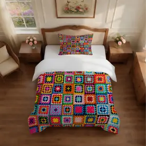 2/3pcs Bohemian Granny Square Crochet Print Duvet Cover Set, Vibrant Digital Print Patchwork Bedding Set (Pillows Only, No Insert), Stylish Bedroom Decor, Perfect Gift for Boho Home Enthusiasts