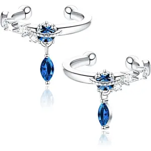 Mysterious 1 Pair Blue CZ Silvery Ear Cuffs for Women Elegant 925 Sterling Silver Cuff Earrings Shining Cubic Zirconia Dangle Ear Cuff Earring Set Adjustable Non-Piercing Cartilage Wrap Clip on Earrings