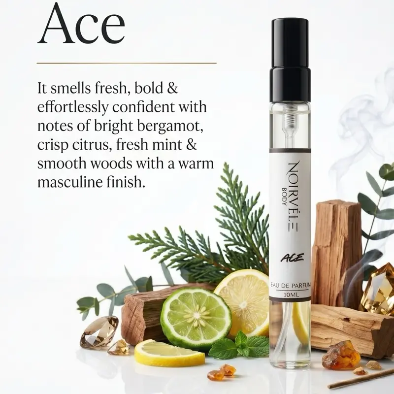 Noirvèle Ace Men's Body Cologne - 10ml Paraben-Free Disposable Mini Travel Everyday Wear Citrus Rush Woody Fragrance for Fresh Daytime Outings & Workdays