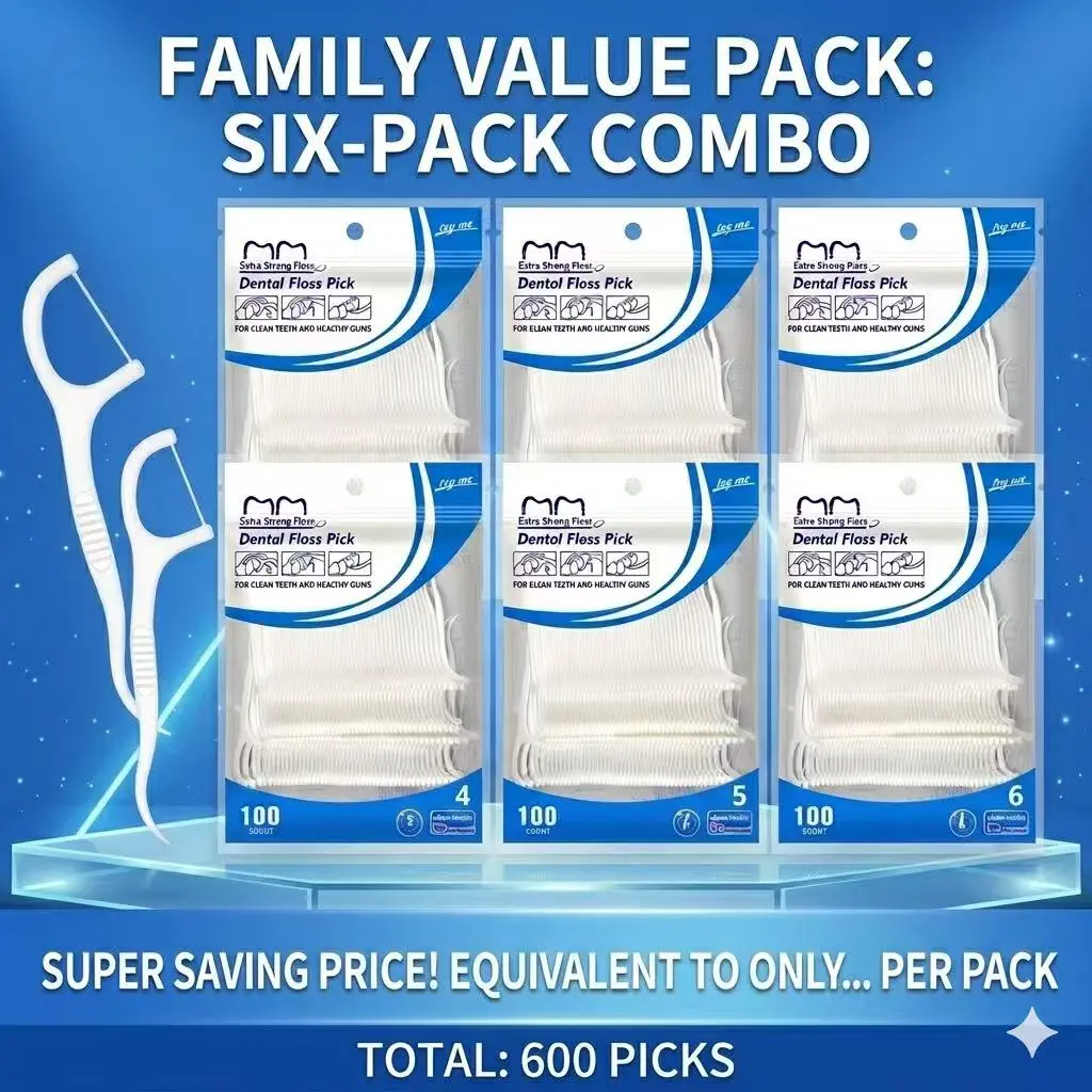600 Dental Floss Picks – 6 Packs of 100, Mint-Free, Disposable Oral Care