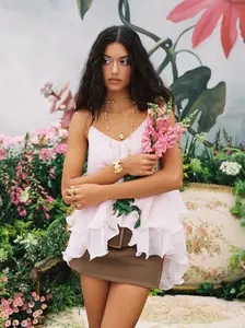 Ruffle Hem Knotted Layered Mesh Cami Top