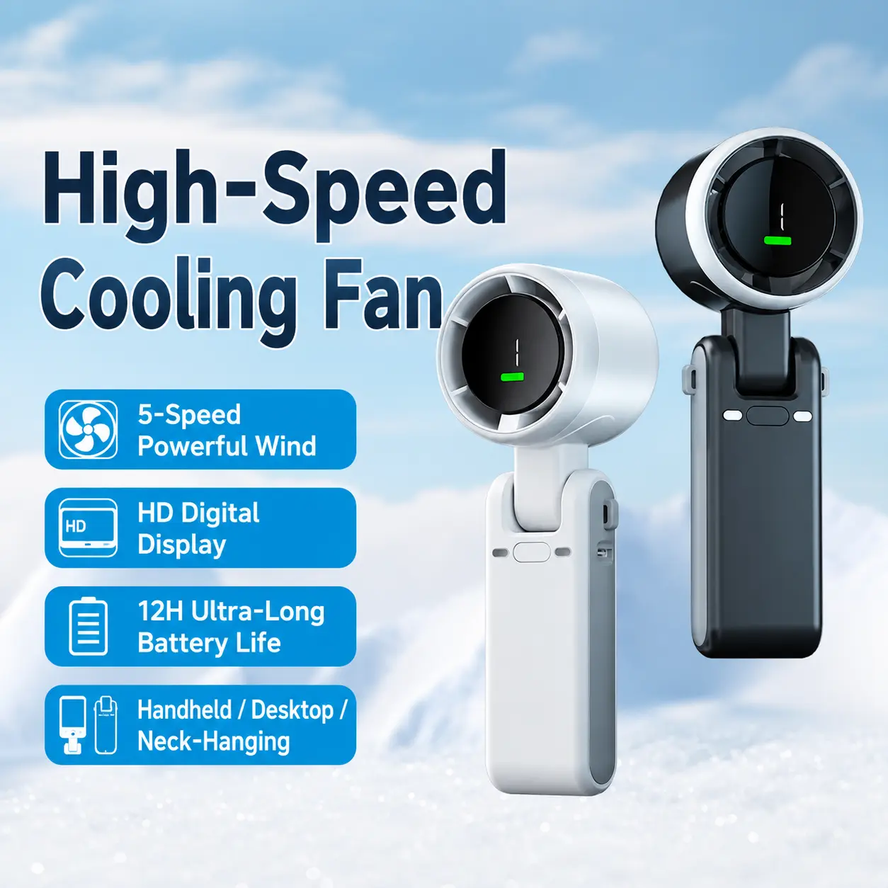 Portable Handheld Turbo Fan, 5 Gear Wind, Battery Operated, Up to 12 Working Hours, 3 IN 1 Hand Fans with Air Turbo Tech Cooling Fan for Outdoor Activities, Travel, Beach