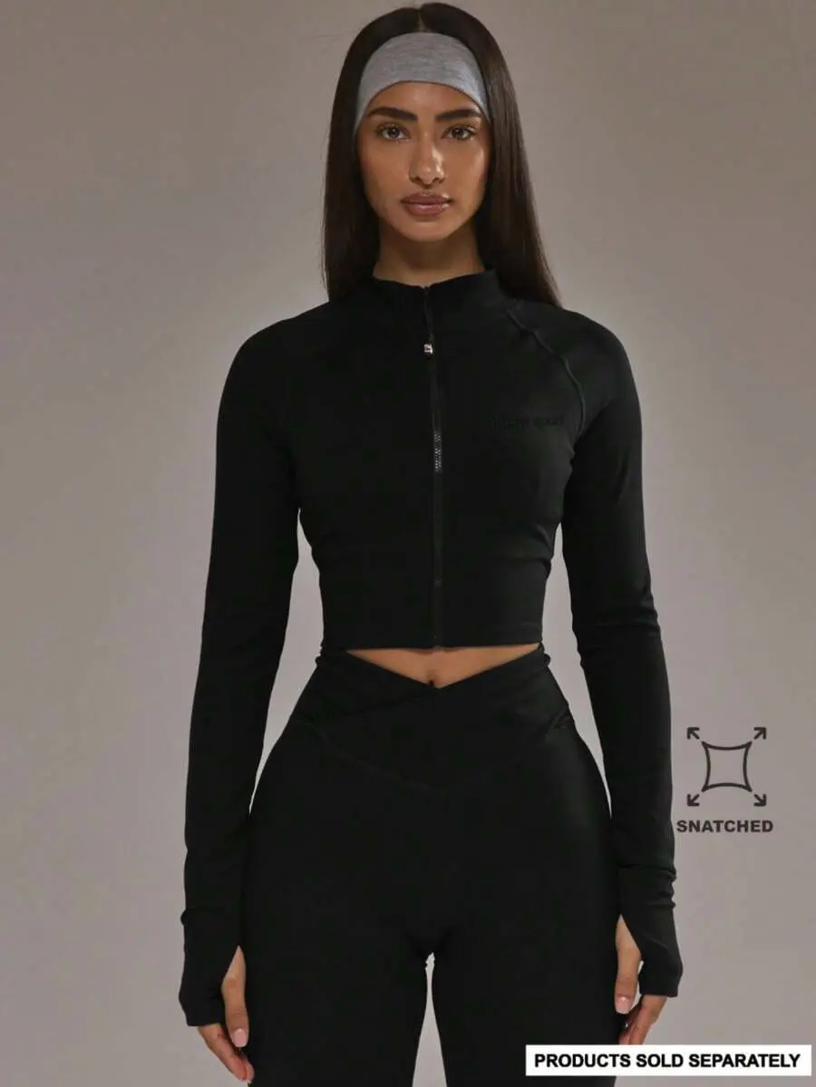 LUNA LAYER Womens High Stretch Cropped Zip Up BBL Athletic Jacket Black