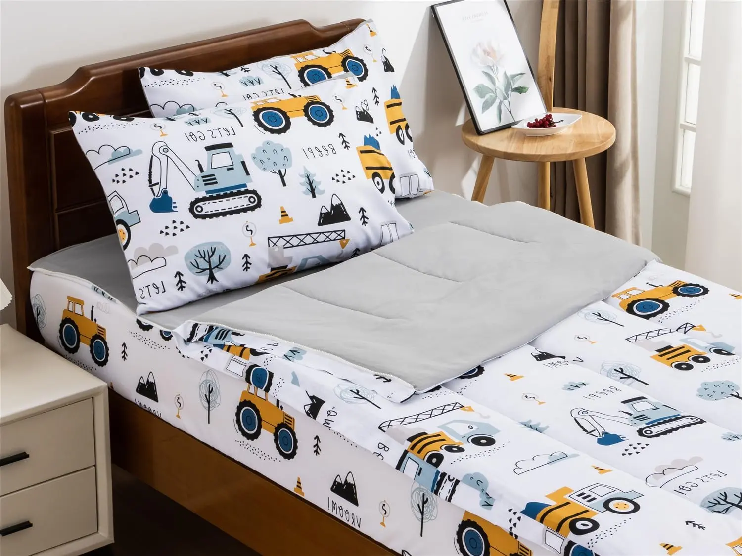 Construction  Printed Zipper Bedding Sets  Lightweight Microfiber Forest  Comforter Sets with Fitted Sheet Pillow Covers,White Grey