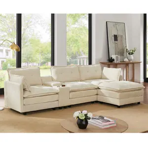 119" L-Shaped Oversized Corduroy Modular Sectional Sofa with Ottoman and Console, 4-Seater Upholstered Couch with USB Ports and Cup Holders, Tufted Back, Pillow Top Arms, Soft Foam Cushions, Wood Frame, Beige, for Living Room, Easy Assembly