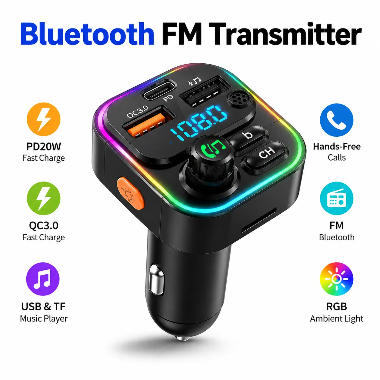 Bluetooth FM Transmitter for Car, PD20W USB-C & QC3.0 Fast , Hands-Free Calling, Wireless Audio Receiver, RGB Light, Deep Bass, Perfect for Older Cars, Daily Commuters & Driversgifts  for  dad  birthday