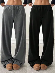 Women's Solid Drawstring-Waist Fleece Sweatpants, Casual Comfy Pants for Daily Wear, Ladies' Streetwear Pants for Fall and Winter, Casual Streetwear Trousers, Casual Loose Pants