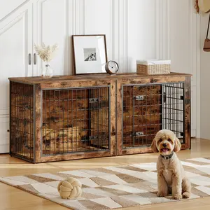 HOOBRO Dog Crate Furniture for 2 Dogs, 63" Large Double Dog Crate Furniture with Divider, Wooden Indoor Dog Kennel TV Stand for Medium Large Dogs, Rustic Brown Home Cage