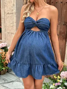 XWUON Maternity Twisted Cutout Bust Denim Tube Dress Year-Round For Spring/Summer Holiday Vacation Outfits Woman