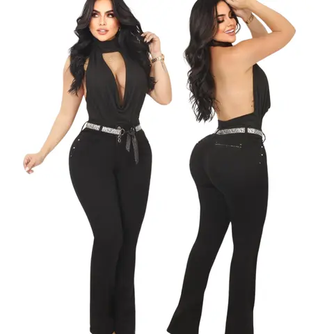 Women's High-Waist Colombian Slim-Fitting Denim Trouser - Wide-Leg, 4-Button Secure Fit, Zipper, Molded Cut, Pockets, Fashion Casual, All-Seasons Normal Type Womenswear Bottoms (Cold Wash Safe)