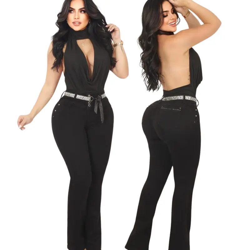 Women's High-Waist Colombian Slim-Fitting Denim Trouser - Wide-Leg, 4-Button Secure Fit, Zipper, Molded Cut, Pockets, Fashion Casual, All-Seasons Normal Type Womenswear Bottoms (Cold Wash Safe)