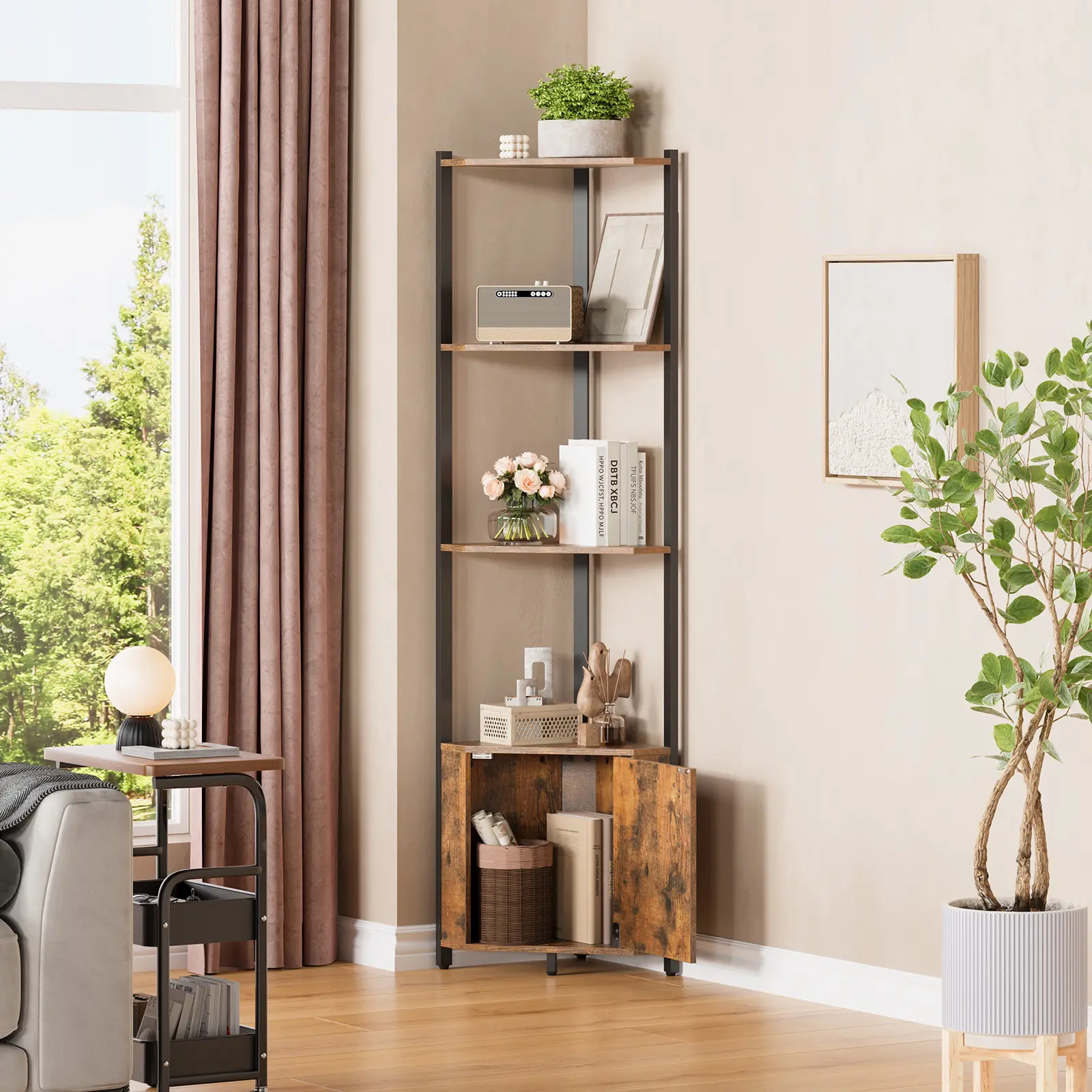 5-Tier Minimalist Wooden Corner Shelf Stand - 57in Space-Saving Decorative Indoor Storage Rack - Freestanding Plant Nursery Organizer with Sturdy Metal Frame for Living Room, Bedroom