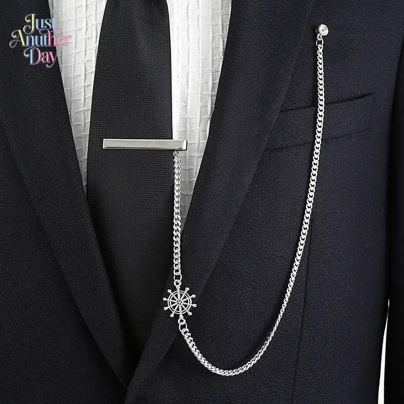 Fashion Tie Clips with Long Chain, Men's Suit Lapel Chain Set, Gold & Silver Tie Bars with Rudder, Heartbeat & Bear Charms