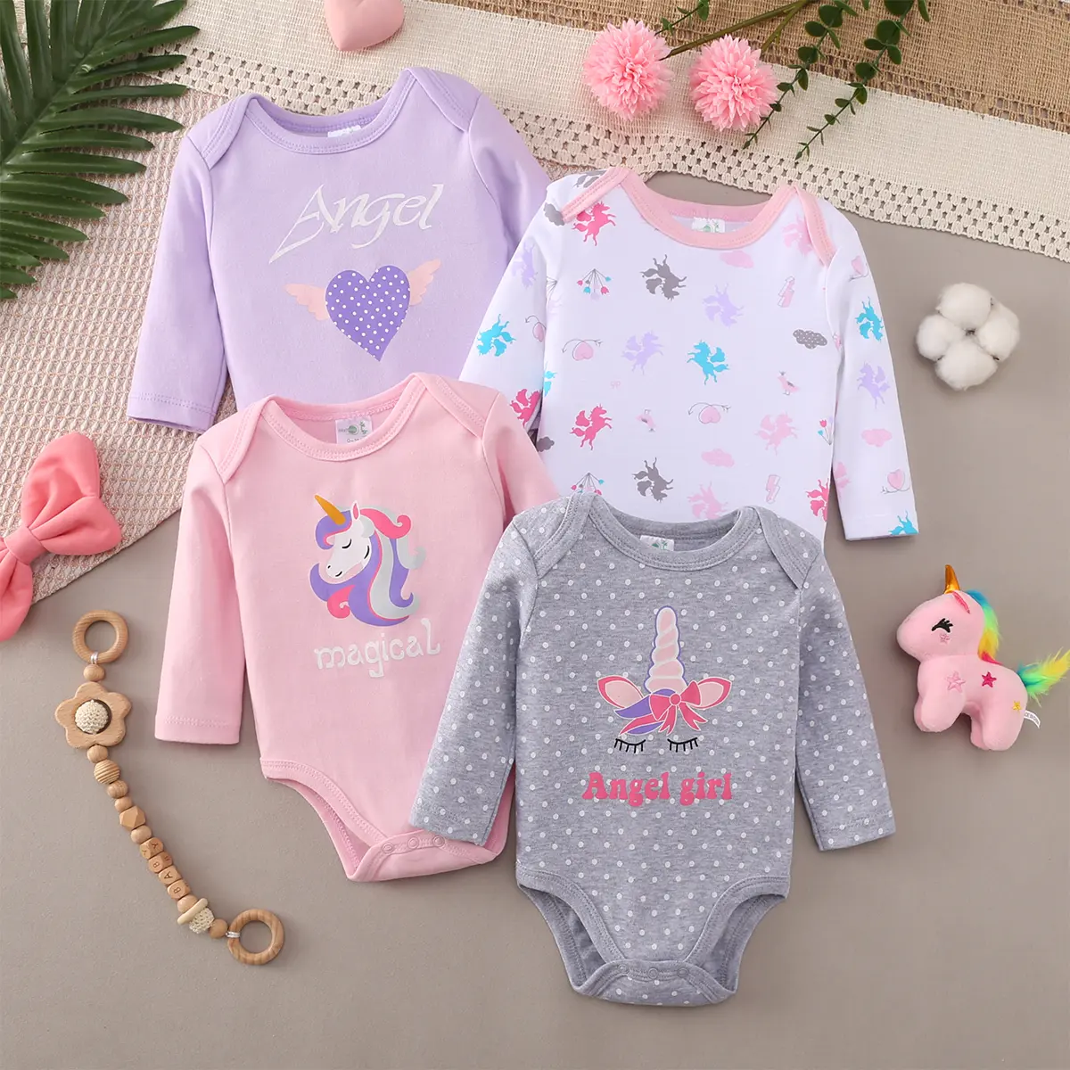 4pcs Baby Cartoon Unicorn, Angel Print Cotton Long Sleeve Newborn Romper, Perfect For Outdoor Wear In Infants & Toddler Girls Bodysuit