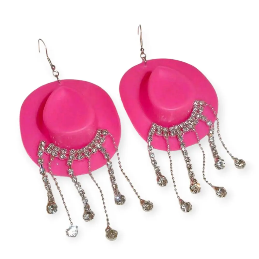 Cowboy Hat Earrings with Pink Hat and Rhinestone Chain