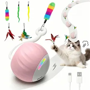 Interactive Cat Toys for Indoor Cats, 5 in 1 Automatic Moving Cat Ball with LED Rainbow Lights, Self Play Smart Cat Toy Two Speeds, USB Rechargeable Electronic Kitten Toy for Puppies, Boredom Relief Pet Toy (Pink)