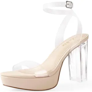 Platform Heels for Women 4 Inches Chunky Heels Sandals for Women Comfy Open Toe Block Heeled Sandals Nude White Silver Gold Black Ankle Strappy Heels for Women
