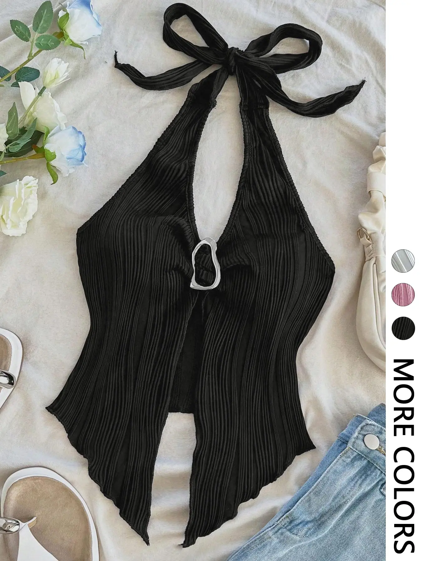 Women's Casual Chic Metallic Necktie Metal Buckle Fitted Asymmetrical Hem Camisol Camisole Halter Sexy Womenswear Tops Cami Tank Top for Commute Date Valentine's Day Beach