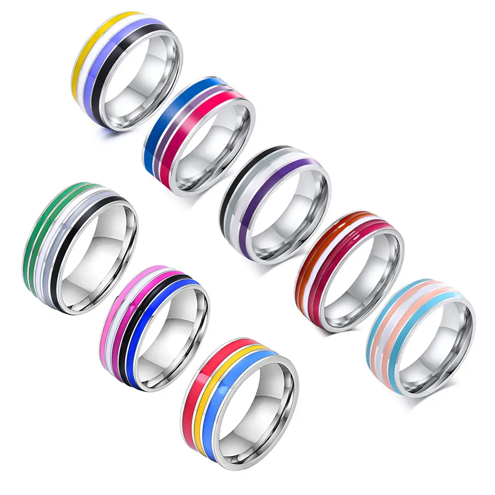 8mm Colorful Enamel Rainbow Stripes Ring - LGBTQ+ Pride Jewelry for Men & Women, Daily Wear & Party Accessory, Artificial Gemstone Band, Multi-Size 6-13, Rings