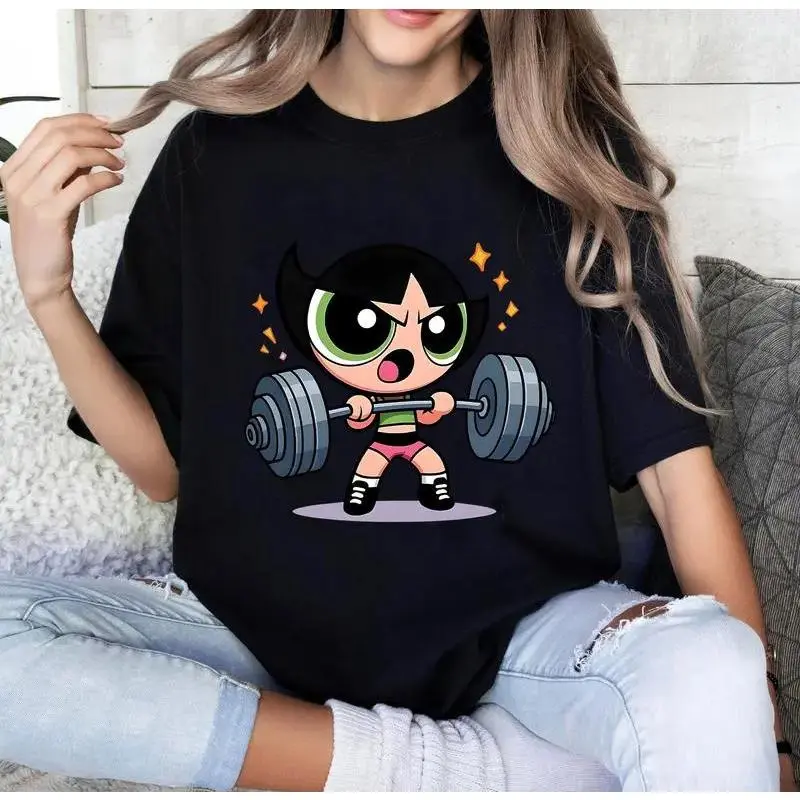 Powerpuff Girls Bubleess Vintage Gym Girl T-shirt, Cartoon Character Shirt, Fitness Workout Shirt, Weightlifters,  Basic Comfort Tshirt Casual, Women, Streetwear