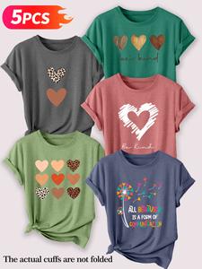 Women's Casual Round Neck cotton T-Shirt Set, Tees, Leopard & Heart Print Short Sleeve Tops, Spring Summer Daily Wear